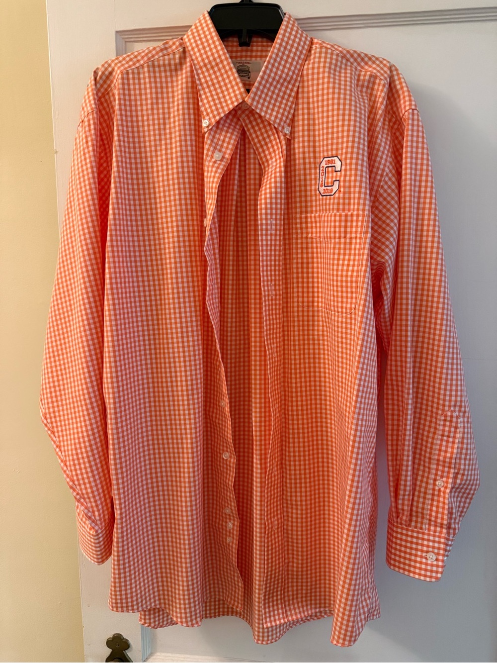Men's Clemson Orange Gingham Button-Down Shirt with Chest Emblem